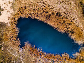 Naturalne bagno na terenie Rezerwat Mewia Łacha, zbiornik wodny otoczony roślinami i piachem, interesująca struktura