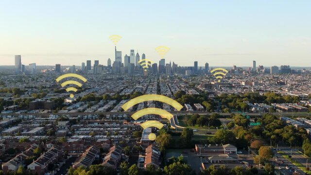 Internet wireless speed icon. Digital communications and internet broadband technology hologram. Aerial urban scene.