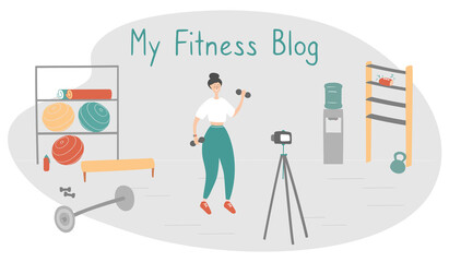 Fitness blog. Trainer records videos for her followers. Remote workout concept. Sportswoman trains and records video on camera. Cartoon vector illustration