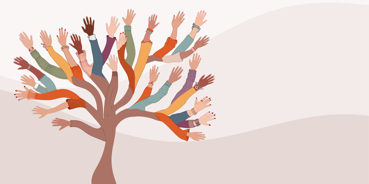 Group of hands of diverse and multi-ethnic people.Tree with branches made of human hands and arms.Community concept - racial equality - cooperation - friendship.Diversity people. Banner