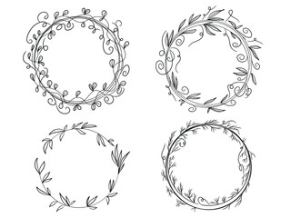 Set from frames. Hand drawn round wreaths in linear style. Stylish round frames