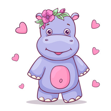Cute cartoon hippo. Vector illustration baby hippopotamus with flowers and hearts.