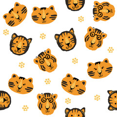 Obraz premium Bright colorful seamless pattern with exotic animals.Cute tigers. Nature jungle pattern. Childish style.Symbol of 2022