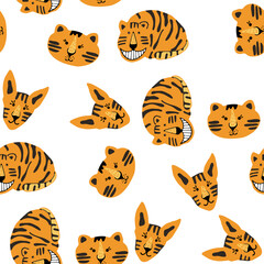 Bright colorful seamless pattern with exotic animals.Cute tigers. Nature jungle pattern. Childish style.Symbol of 2022