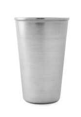 Clean empty stainless cup isolated on white
