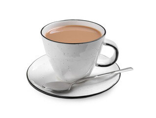 Delicious tea with milk on white background