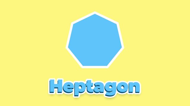 Blue Heptagon and text animation on a colorful background. Learning geometric shapes, polygons in English. Educational game for children. 4k animation