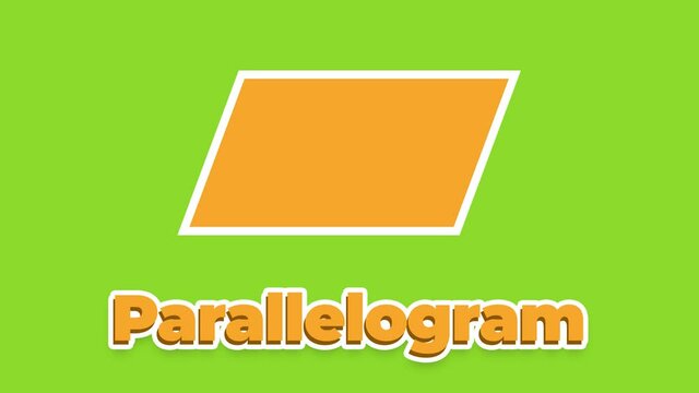 Yellow parallelogram and text animation on a colorful background. Learning geometric shapes in English. Educational game for children. 4k animation