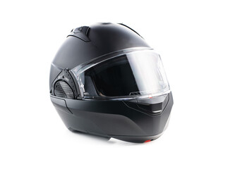 Black modular motorcycle helmet isolated on white background.