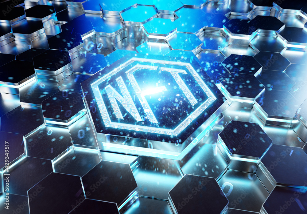 Poster NFT nonfungible tokens concept on hexagonal background. NFT Logo on abstract digital surface. 3d rendering