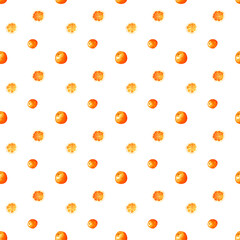 Watercolor orange fruit endless print. Oranges seamless pattern on a white background. Juicy repeat backdrop. Hand-drawn citrus wallpaper. Mandarin illustration. Bright tangerine design. Ripe oranges.