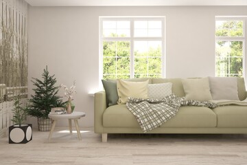 White living room with sofa and summer landscape in window. Scandinavian interior design. 3D illustration
