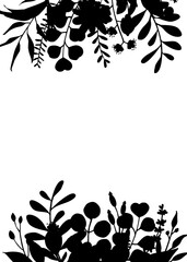  floral twigs branches flowers silhouettes frame arrangement, isolated vector illustration