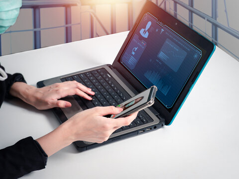 Healthcare staff are using cell phones, video calls to health check recipients and have results information on computer lab screens. Medical Online Communication Concepts