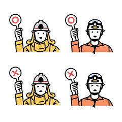 マルバツの札を持った消防士さんイラスト素材