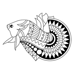 black and white betta fish illustration with zentangle mandala for tshirt design