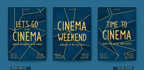 Cinema weekend. Ready billboard for the movie theater. Vector linear drawing. Trendy polygonal graphics in comic storyboard style.