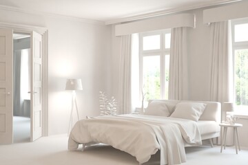 Modern bedroom in white color. Scandinavian interior design. 3D illustration