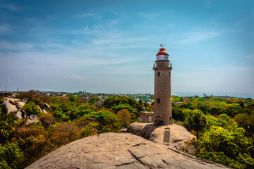 Mamallapuram Light House is UNESCO World Heritage Site located at Great South Indian architecture, Tamil Nadu, Mamallapuram or Mahabalipuram - obrazy, fototapety, plakaty