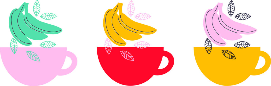 Fruit tea and berries tea hand drawing logo design. Isolated vector illustration. Handmade delicious flavored drinks, cups and spices. Set of hand drawn flavored drinks or natural beverages.