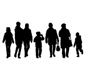 Families with little child walking on street. Isolated silhouettes of people on white background