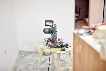Circular saw for cutting wood and metal, hobby tools for home budget DIY renovation.