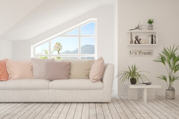White living room with sofa and summer landscape in window. Scandinavian interior design. 3D illustration