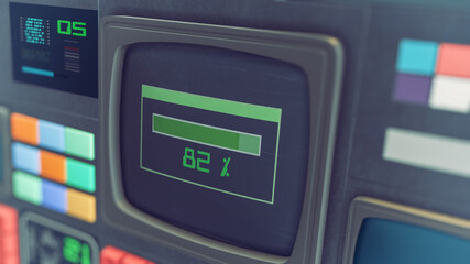 vintage computer monitor with a loading bar, close-up, futuristic science fiction retro style (3d render)