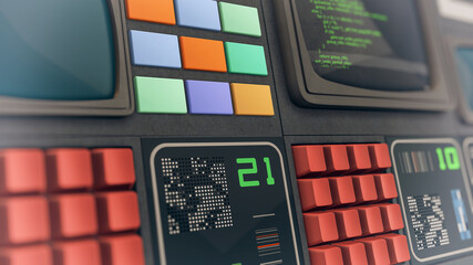 retro futuristic science fiction computer, spaceship control room, programming code on screen, close-up (3d render) © lucadp