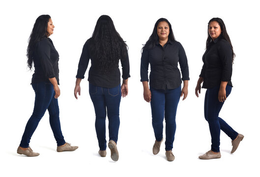 Collage Of Same Latin Woman Walking On White Background