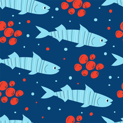 Naklejka na ściany i meble Seamless pattern with fish and red caviar on a dark background.