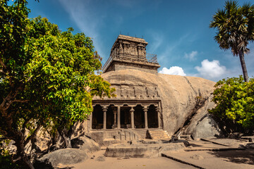 Fototapeta na wymiar Mahishamardini Rock Cut Mandapa built by Pallavas is UNESCO's World Heritage Site located at Mamallapuram or Mahabalipuram in Tamil Nadu, South India