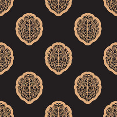 Tiki idol pattern seamless vector repeat geometric for any web design. Dark background. For menus, postcards, books, wrapping paper and prints.