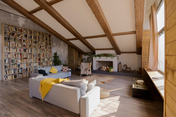 Dark loft style interior of big cozy country house. open plan apartment with kitchen area, rest zone and bed area. Huge windows and wooden decoration