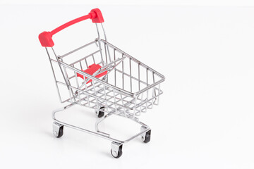 Empty metallic supermarket shopping cart side view isolated. Realistic supermarket basket, retail pushcart vector illustration stock illustration