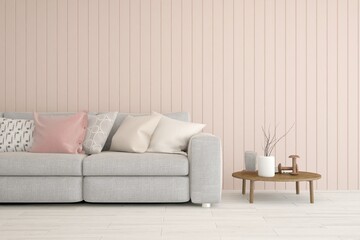 Soft color living room with sofa. Scandinavian interior design. 3D illustration