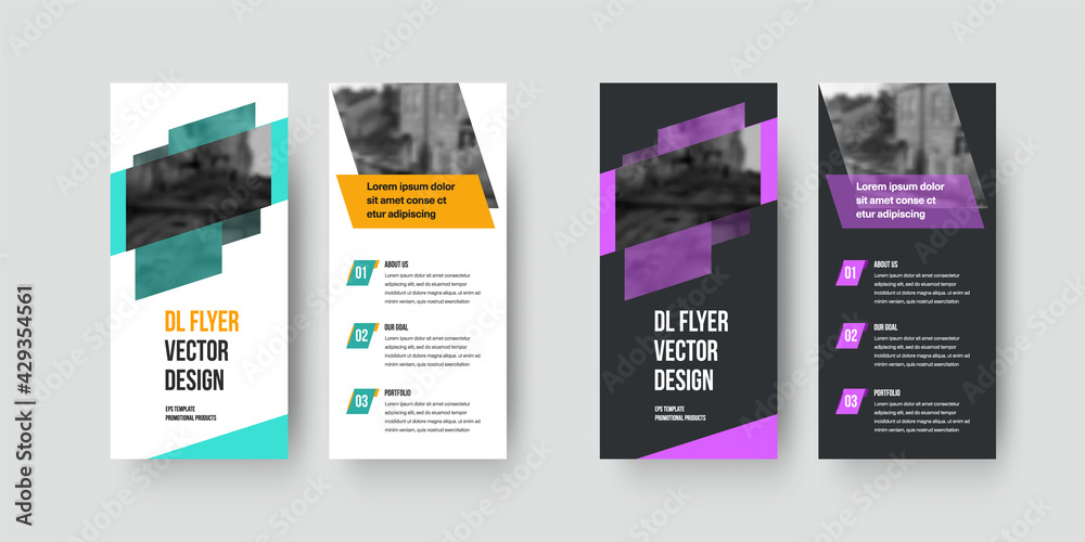 Poster Vector dl flyer template with color design isolated on white and black background. Set