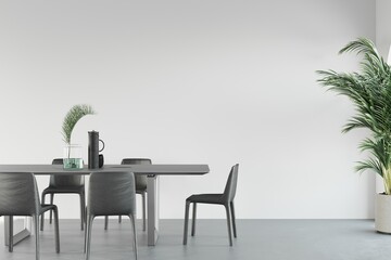 Fine dining table setup for six with minimalist decor and a palm tree in theright corner, 3D illustration