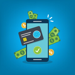 Cashback on smartphone, money bonus reward on mobile phone screen, cash returned back, income received, illustration