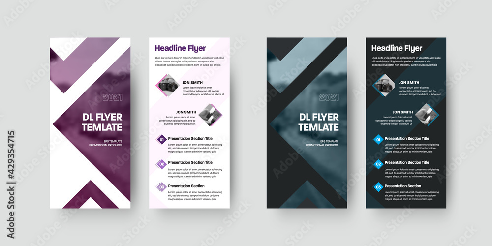 Poster Vector dl flyer template with color design isolated on white and black background. Set