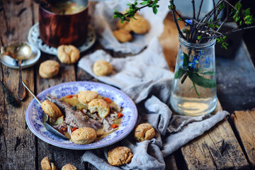 Rabbit stew with black pepper dumpling.style rustic