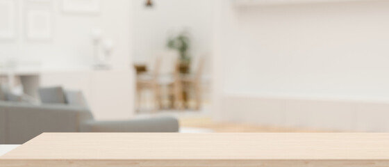 3D rendering, empty wooden desk in blurred living room background, copy space on wooden table