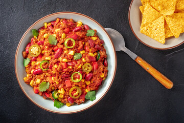 Chili con carne, spicy beef stew with beans, top shot
