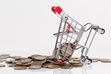 Shopping cart on white. With Bitcoins Supermarket basket, shop cart isolated on white. Vector illustration