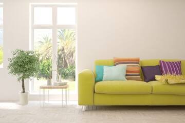 White living room with sofa and summer landscape in window. Scandinavian interior design. 3D illustration