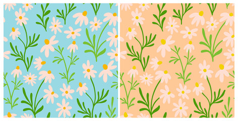 Chamomile and daisy seamless pattern set. Wildflower print design with hand drawn flowers on blue background. Simple field floral pattern collection for packaging, fabric design.Blossom herbs ornament