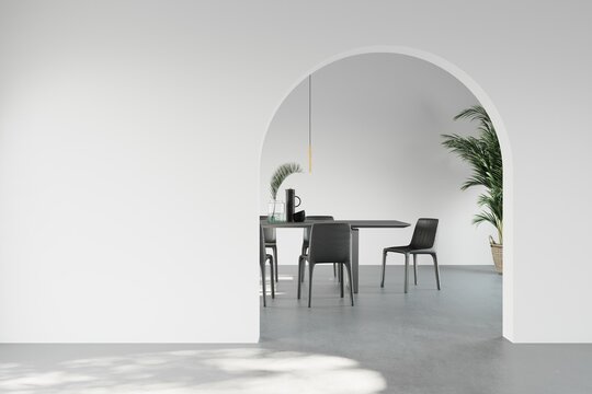 Fine dining table setup for six with minimalist decor and lighting and a palm tree in the corner with an arched doorway in the foreground, 3D illustration