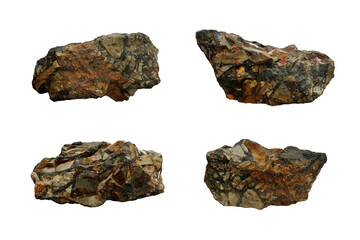 Set of wolframite metallic mineral rocks isolated on white background. iron manganese tungstate mineral that is the intermediate between ferberite and hübnerite.