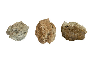 Set of  Hydrozincite metallic mineral rocks isolated on white background. zinc bloom or marionite, a white carbonate mineral. There is noise and grain caused by the texture of the stone. 