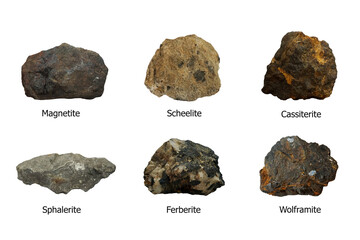 Collection of metallic mineral stones including Megnetite, Scheelite, Cassiterite, Sphalerite, Ferberite and Wolframite isolated on white background.